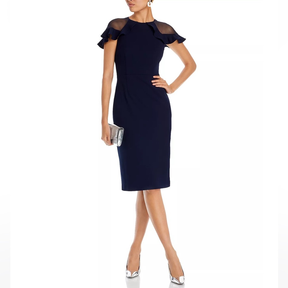 NWT Eliza J | Navy Blue Sheer Ruffle Shoulder Cocktail Dress 4